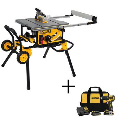15 Amp Corded 10 in. Job Site Table Saw with Rolling Stand and Bonus Atomic 20-Volt Lithium-Ion 1/2 in. Drill Driver Kit - Super Arbor