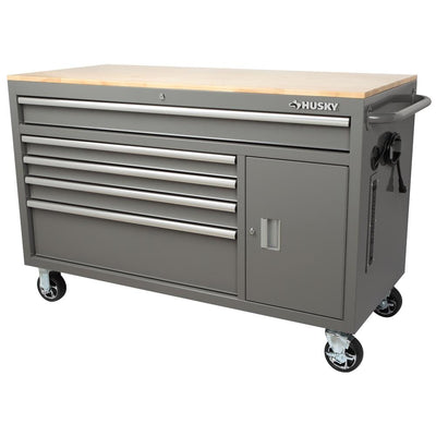 56 in. W x 24.5 in. D 5-Drawer 1-Door Tool Chest Mobile Workbench with Solid Wood Top in Matte Gray