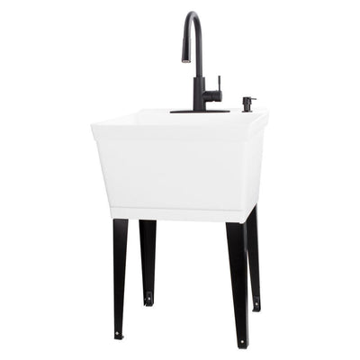 Complete 22.875 in. x 23.5 in. White 19 Gal. Utility Sink Set with Black Metal Hybrid Faucet and Soap Dispenser - Super Arbor