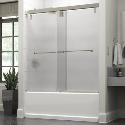 Everly 60 in. x 59-1/4 in. Mod Semi-Frameless Sliding Bathtub Door in Nickel and 3/8 in. (10mm) Rain Glass - Super Arbor