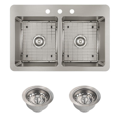 Avenue Drop-in/Undermount Stainless Steel 33 in. 50/50 Double Bowl Kitchen Sink with Bottom Grid - Super Arbor