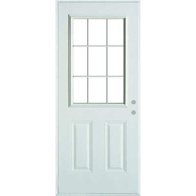 36 in. x 80 in. Colonial 9 Lite 2-Panel Painted White Left-Hand Steel Prehung Front Door with Internal Grille - Super Arbor