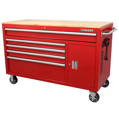 56 in. W 5-Drawer Gloss Red 1-Door Deep Tool Chest Mobile Workbench with Hardwood Top