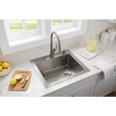 All-in-One Tight Radius Stainless Steel 25 in. 18-Gauge 2-Hole Single Bowl Dual Mount Kitchen Sink with Pull Down Faucet - Super Arbor
