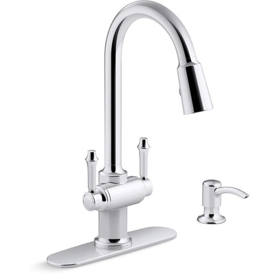 Thierry Two Handle Pull-Down Sprayer Kitchen Faucet with Soap Dispenser in Polished Chrome - Super Arbor