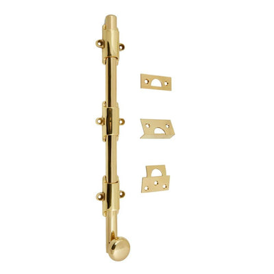 Heavy-Duty 12 in. Solid Brass Surface Bolt with Round Knob in Polished Brass - Super Arbor