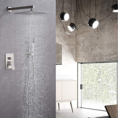 Shower System Wall Mounted with 12 in. Square Rainfall Shower head and Handheld Shower Head Set, Brushed Nickel - Super Arbor