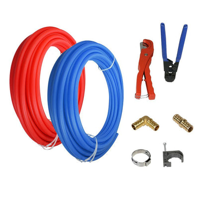 1/2 in. x 300 ft. PEX Tubing Plumbing Kit - Crimper and Cutter Tools Tubing Elbow Cinch Half Clamp - 1 Red 1 Blue - Super Arbor