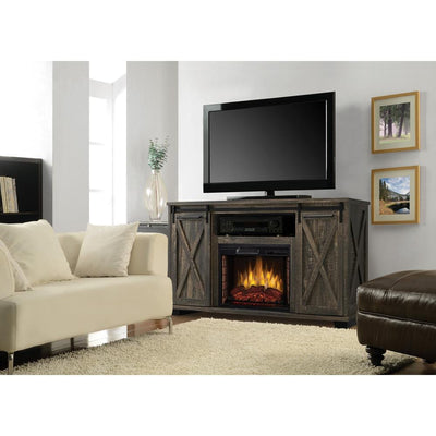 Rivington 58 in. Freestanding Infrared Electric Fireplace TV Stand with Sliding Barn Door in Barnboard Gray - Super Arbor