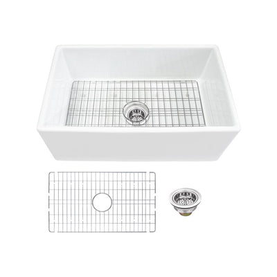 Farmhouse Apron Front Fireclay 30 in. Single Bowl Kitchen Sink in White with Grid and Strainer - Super Arbor
