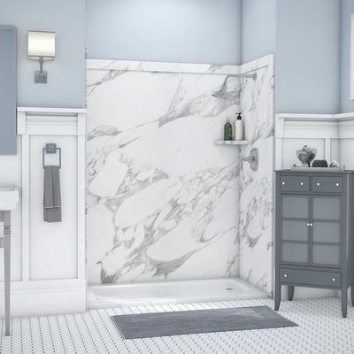 Royale 36 in. x 60 in. x 80 in. 11-Piece Easy Up Adhesive Alcove Bathtub/Shower Wall Surround in Calacatta White - Super Arbor