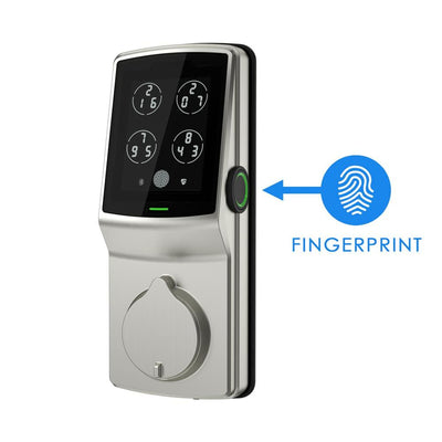Secure Plus Satin Nickel Single-Cylinder Alarmed Deadbolt Lock with Smart Keypad, Bluetooth and 3D Fingerprint - Super Arbor