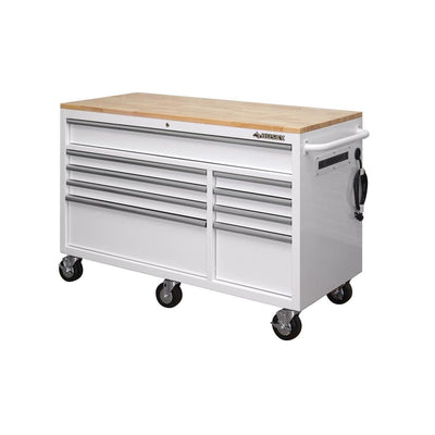 56 in. W 9-Drawer Deep Tool Chest Mobile Workbench in Gloss White with Hardwood Top