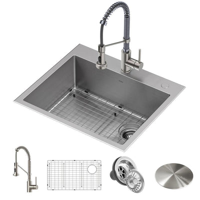 Loften All-in-One Dual Mount Stainless Steel 25in. Single Bowl Kitchen Sink with Pull Down Faucet in Chrome and Steel - Super Arbor
