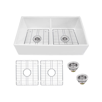 Farmhouse Apron Front Fireclay 33 in. 50/50 Double Bowl Kitchen Sink in White with Grids and Strainers - Super Arbor