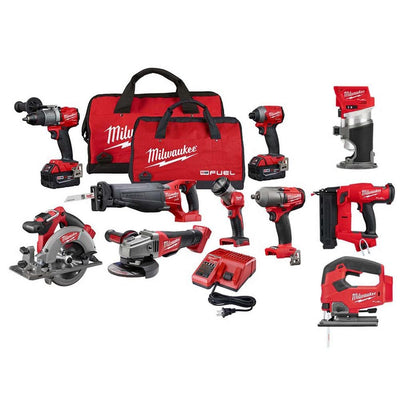 M18 FUEL 18-Volt Lithium-Ion Brushless Cordless Combo Kit (10-Tool) W/(2) 5.0 Ah Batteries, (1) Charger, (2) Tool Bags - Super Arbor