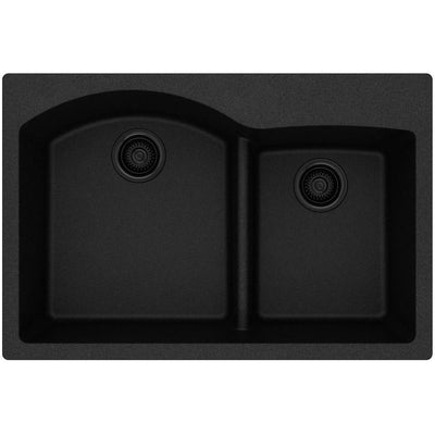 Quartz Classic Drop-In Composite 33 in. Rounded Offset Double Bowl Kitchen Sink in Black - Super Arbor