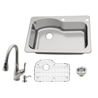 All-in-One Dual Mount 18-Gauge Stainless Steel 33 in. 2-Hole Euro Single Bowl Kitchen Sink with Pull-Out Kitchen Faucet - Super Arbor