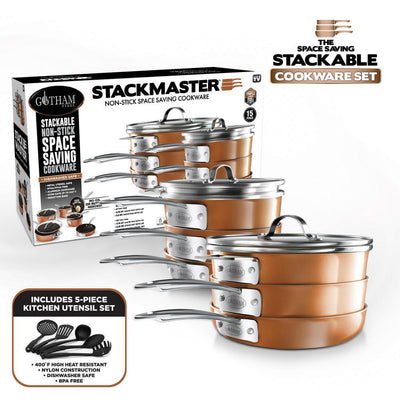 StackMaster 15-Piece Aluminum Ultra-Nonstick Cast Textured Ceramic Coating Cookware Set - Super Arbor