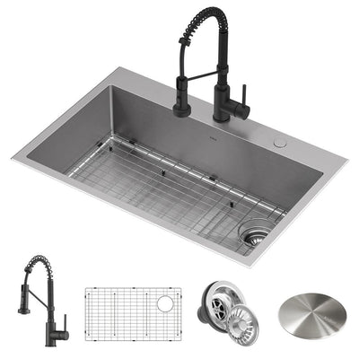 Loften All-in-One Dual Mount Drop-In Stainless Steel 33in. Single Bowl Kitchen Sink with Pull Down Faucet in Matte Black - Super Arbor