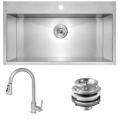 Handmade All-in-One Stainless Steel 33 in. x 22 in. Single Bowl Drop-in Kitchen Sink and Pull-down Kitchen Faucet - Super Arbor