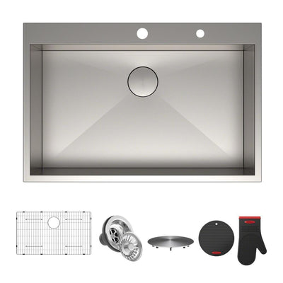 Pax Series 33 in. Drop-In Stainless Steel 2-Hole Single Bowl Kitchen Sink - Super Arbor