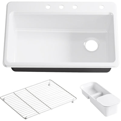 Riverby Workstation Drop-In Cast Iron 33 in. 4-Hole Single Bowl Kitchen Sink Kit with Included Accessories in White - Super Arbor