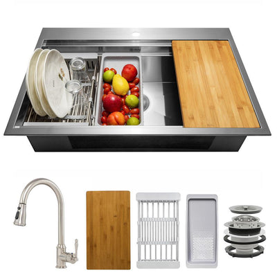 Handmade All-in-One Topmount Stainless Steel 32 in. x 22 in. Single Bowl Kitchen Sink with Pull-down Faucet and Colander - Super Arbor