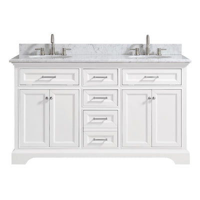 Windlowe 61 in. W x 22 in. D x 35 in. H Bath Vanity in White with Carrera Marble Vanity Top in White with White Sink - Super Arbor