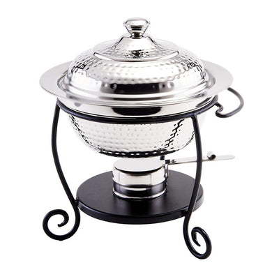 10 in. x 10-1/2 in. x 12 in. Round Hammered Stainless Steel Chafing Dish with Black Iron Stand 1-3/4 Qt. - Super Arbor