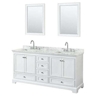 Wyndham Collection Deborah 72-in White Double Sink Bathroom Vanity with White Carrara Natural Marble Top (Mirror Included