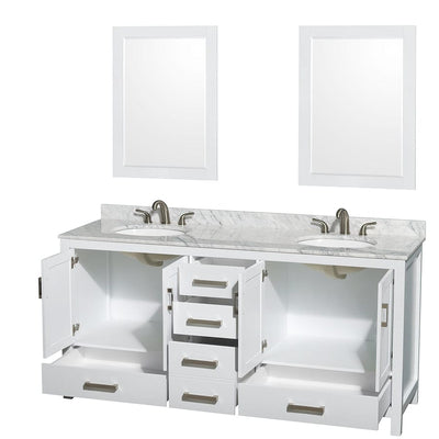 Wyndham Collection Sheffield 72-in White Double Sink Bathroom Vanity with White Carrara Marble Natural Marble Top (Mirror Included)