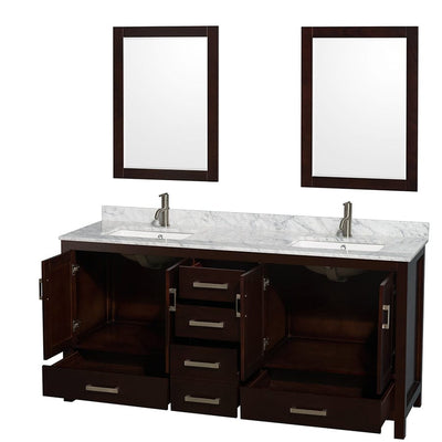 Wyndham Collection Sheffield 72-in Espresso Double Sink Bathroom Vanity with White Carrara Marble Natural Marble Top (Mirror Included