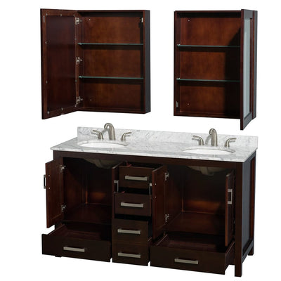 Wyndham Collection Sheffield 60-in Espresso Double Sink Bathroom Vanity with White Carrara Marble Natural Marble Top (Mirror Included)