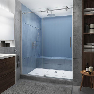 Langham XL 56 - 60 in. x 80 in. Frameless Sliding Shower Door with StarCast Clear Glass in Stainless Steel, Right Hand - Super Arbor