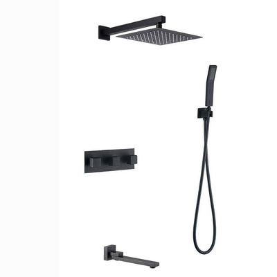 3-Handle 1-Spray Tub and Shower Faucet Ceiling Mounted Rain Shower Fixtures Matte Black with Handheld and Tub Spout - Super Arbor