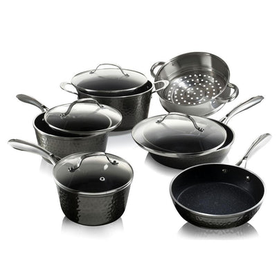 10-Piece Aluminum Hammered Ultra-Durable Non-Stick Diamond Infused Cookware Set in Pewter - Super Arbor