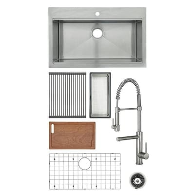 Giagni Pallazzio 33-in x 22-in Stainless Steel Single Bowl Drop-In or Undermount 1-Hole Residential Workstation Kitchen Sink All-in-One Kit with Drainboard