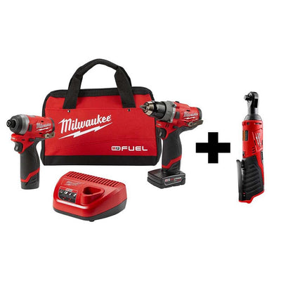 M12 FUEL 12-Volt Li-Ion Brushless Cordless Hammer Drill and Impact Driver Combo Kit (2-Tool)w/ M12 3/8 in. Ratchet - Super Arbor