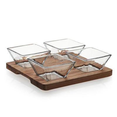 Acaciawood 4-Piece Glass Antipasto Bowl Set with Wood Serving Board - Super Arbor