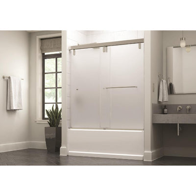 Simplicity 60 x 59-1/4 in. Frameless Mod Soft-Close Sliding Bathtub Door in Nickel with 3/8 in. (10mm) Niebla Glass - Super Arbor