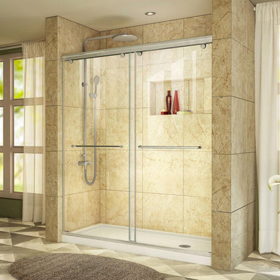 Charisma 32 in. x 60 in. x 78.75 in. Semi-Frameless Sliding Shower Door in Brushed Nickel and Right Drain White Base - Super Arbor