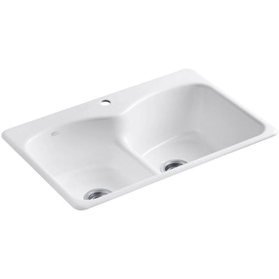 Langlade Smart Divide Drop-In Cast-Iron 33 in. 1-Hole Double Bowl Kitchen Sink in White - Super Arbor