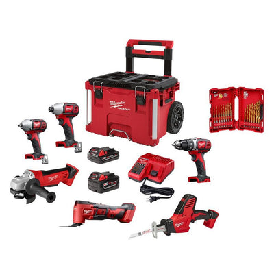M18 18-Volt Lithium-Ion Cordless Combo Tool Kit (6-Tool) with PACKOUT Rolling Tool Box and Drill Bit Set (23-Piece) - Super Arbor