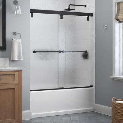 Lyndall 60 in. x 59-1/4 in. Frameless Mod Soft-Close Sliding Bathtub Door in Matte Black with 1/4 in. (6 mm) Rain Glass - Super Arbor