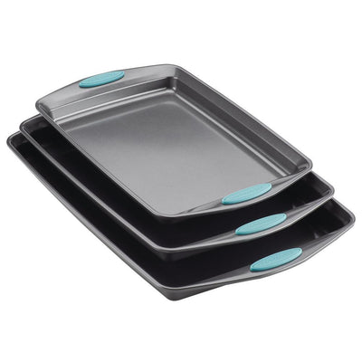 3-Piece Gray Nonstick Bakeware Cookie Pan Set with Agave Blue Silicone Grips - Super Arbor