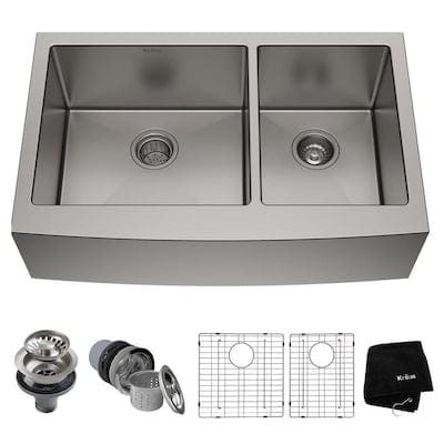 Kraus Standart PRO x 21-in Stainless Steel Double Offset Bowl Tall (8-in or Larger) Undermount Apron Front/Farmhouse Residential Kitchen Sink