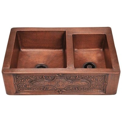 MR Direct 33.25-in x 22.25-in Copper Double Offset Bowl Tall (8-in or Larger) Drop-In Apron Front/Farmhouse Commercial/Residential Kitchen Sink