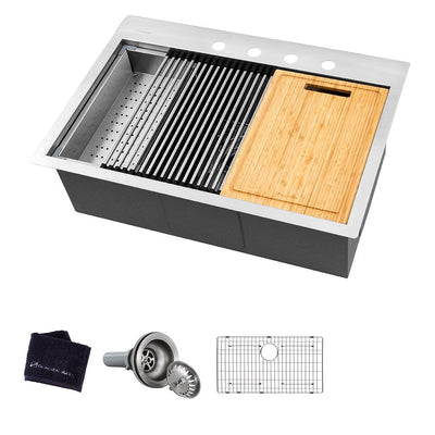 All-in-One Drop-In Stainless Steel 27 in. 4-Hole Single Bowl Kitchen Workstation Sink with Accessories Kit - Super Arbor