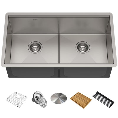 Kore Workstation 33 in. Stainless Steel Undermount Double Bowl Kitchen Sink w/ Integrated Ledge and Accessories - Super Arbor
